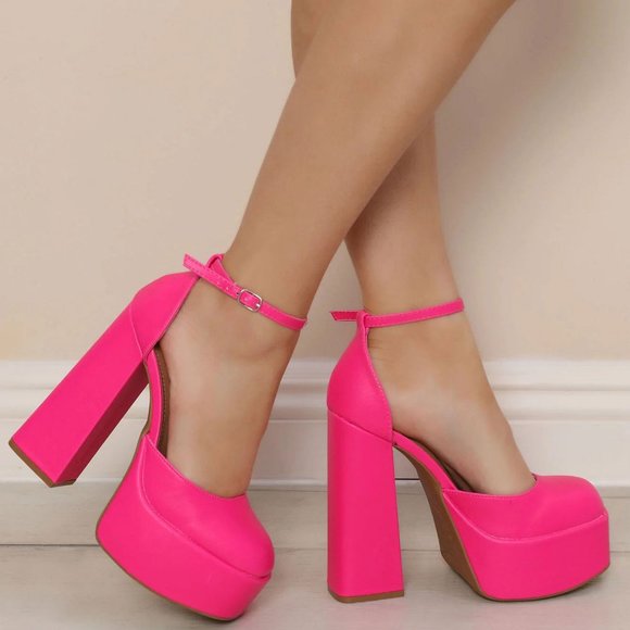 NEW🔥 Hot Pink Mary-Jane Ankle Strap Chunky Block High Heel Platform Pump Sandal - Picture 2 of 4